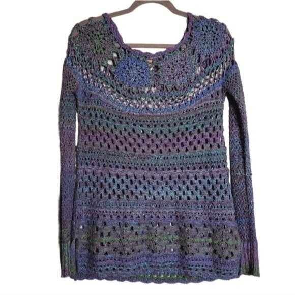 Free People Whimsigoth Y2K Long Fairy Grunge Crochet Sweater Boho Purple Blue Gr - Picture 2 of 9